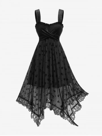 Skull Stars Mesh Flocking Crossover Velvet Asymmetric Patchwork Dress - BLACK - L