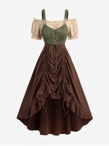 Plus Size Cold Shoulder Puff Sleeves Cinched Lace Up Ruffles High Low Asymmetric Vintage Dress - COFFEE - 3X | US 22-24