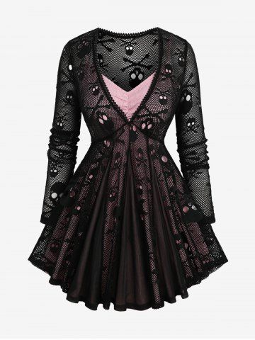 Plus Size Ruched Marled Cami Top And Skulls Mesh Lace Trim Chiffon Patchwork Top - BLACK - L | US 12