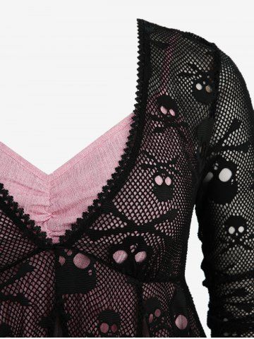 Plus Size Ruched Marled Cami Top And Skulls Mesh Lace Trim Chiffon Patchwork Top