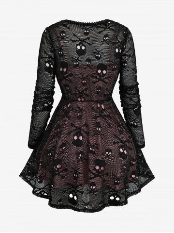 Plus Size Ruched Marled Cami Top And Skulls Mesh Lace Trim Chiffon Patchwork Top