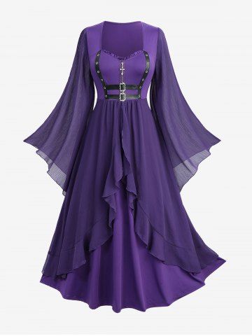 Plus Size Cross Zipper PU Strap Buckle Chiffon Textured Flare Sleeve Ruffles A Line Dress - PURPLE - 2X | US 18-20