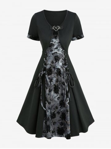 Floral Flocking Tie Dye Lace Up A Line Dress and Heart Buckle Cropped Top Set - BLACK - L