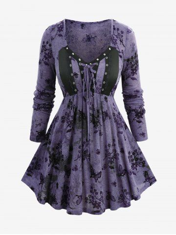 Plus Size Floral Butterfly Printed Lace Up Long Sleeve Top - PURPLE - 4X | US 26-28