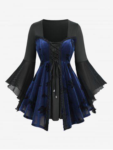 Plus Size Glitter Floral Embroidered Lace Up Long Sleeve Top - BLACK - 4X | US 26-28