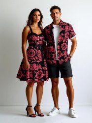 Tenue de plage hawaïenne assortie grande taille à imprimé pommes de pin fleuries pour couples - Rouge 