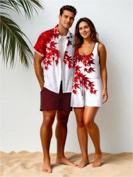 Ensemble chemise et barboteuse hawaïennes assorties, grande taille, tenue de plage imprimée feuilles d'érable pour couples - Blanc de Crème  
