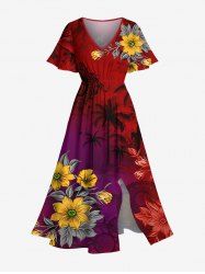 Plus Size Ombre Coconut Tree Flower Print Hawaii Split Pocket A Line Midi Dress -  