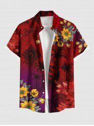 Plus Size Ombre Coconut Tree Flower Print Hawaii Button Pocket Shirt For Men -  