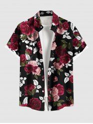 Chemise hawaïenne grande taille à imprimé feuilles et fleurs roses pour homme - Noir 5XL