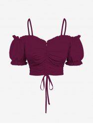 Plus Size Cold Shoulder Puff Sleeve Cinched Solid Top -  