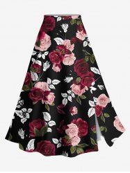Plus Size Rose Flower Leaves Print Hawaii Split A Line Skirt -  