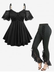Flower Lace Jacquard Embroidery Sleeve Crossover Top and Skull Fishnet Mesh Lace Up Flare Pants Plus Size Outfit -  