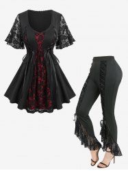 Haut à lacets en dentelle à fleurs roses et pantalon évasé à volants en résille à têtes de mort, tenue grande taille - Noir 