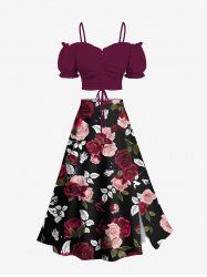Puff Sleeves Cinched Solid Top and Rose Flower Leaf Printed Hawaii Split A Line Skirt Plus Size Matching Set -  