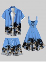 Tenue de plage hawaïenne assortie grande taille à imprimé cocotiers et ciel pour couples - Bleu Ciel 