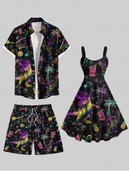 Colorful Ombre Dinosaur Coconut Tree Pineapple Juice Strawberry Print Plus Size Matching Hawaii Beach Outfit For Couples -  