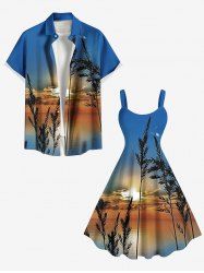 Tenue de plage hawaïenne assortie grande taille, motif coucher de soleil et crépuscule, motif plantes et mer, pour couples - Bleu 