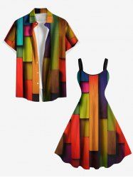 Colored Wooden Blocks Print Plus Size Matching Outfit For Couples -  