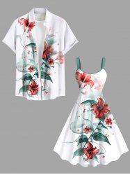 Tenue de plage hawaïenne assortie grande taille à imprimé feuilles et fleurs d'hibiscus pour couples - Blanc 
