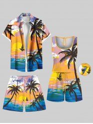 Ensemble chemise et barboteuse hawaïennes assorties, grande taille, imprimé cocotier, soleil, nuage, paysage marin, pour couples - Jaune 