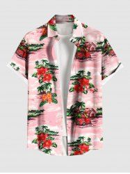 Chemise hawaïenne grande taille à imprimé cocotier, fleurs d'hibiscus et voiture, boutons et poches pour homme - Rose clair 4XL