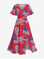 Robe mi-longue fendue grande taille à imprimé drapeau américain et feux d'artifice - Rouge XS