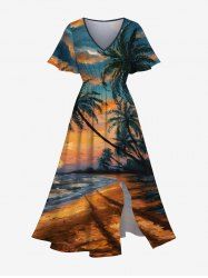 Robe mi-longue hawaïenne fendue grande taille à imprimé paysage marin, cocotiers, nuages et peinture à l'huile - Vert S