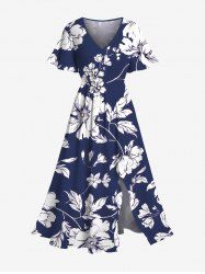 Plus Size Flowers Leaf Tropical Print Split Hawaii Midi Dress -  