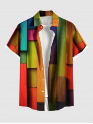 Plus Size Colored Wooden Blocks Print Buttons Pocket Shirt For Men -  