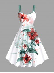 Plus Size Hibiscus Flower Leaf Print Hawaii Tank Dress -  