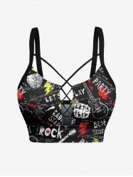Haut tankini à lacets avec imprimé graffiti et guitare hawaïenne (bretelles réglables) - Noir 2X