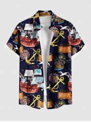 Plus Size Sailboat Anchor Print Hawaii Cruise Button Pocket Shirt For Men -  