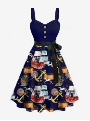 Plus Size Sailboat Anchor Print Hawaii Cruise Button A Line Tank Dress with Removable Belt -  