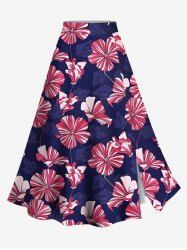 Plus Size Striped Hibiscus Floral Print Hawaii Split A Line Skirt -  