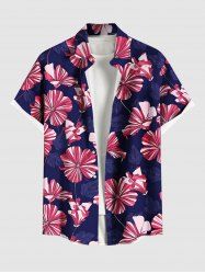 Plus Size Striped Hibiscus Floral Print Hawaii Button Pocket Shirt For Men -  