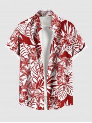 Plus Size Coconut Tree Tropical Leaf Hibiscus Flower Print Hawaii Button Pocket Shirt For Men -  