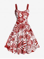 Robe débardeur grande taille à imprimé tropical, feuilles de cocotier, hibiscus et fleurs hawaïennes - Rouge XS