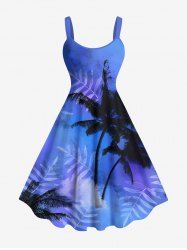 Robe débardeur trapèze hawaïenne grande taille à imprimé feuilles tropicales et cocotiers, tie-dye et ombré - Bleu Ciel 2X