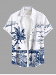 Plus Size Hand-painted Coconut Tree Sea Beach Seascape Cloud Print Hawaii Shirt For Men -  