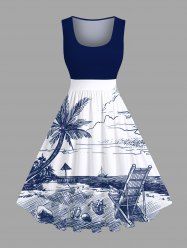 Robe trapèze vintage hawaïenne grande taille, motif cocotier peint à la main, paysage marin, plage, nuages, imprimé - Bleu profond 6X
