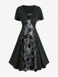 Ensemble robe trapèze à lacets et haut court à boucle en cœur avec motif floral floqué tie-dye - Noir M