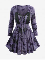 Plus Size Floral Butterfly Printed Lace Up Long Sleeve Top -  