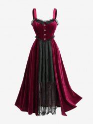 Plus Size Floral Lace Mock Buttons Velvet Vintage A Line Dress -  