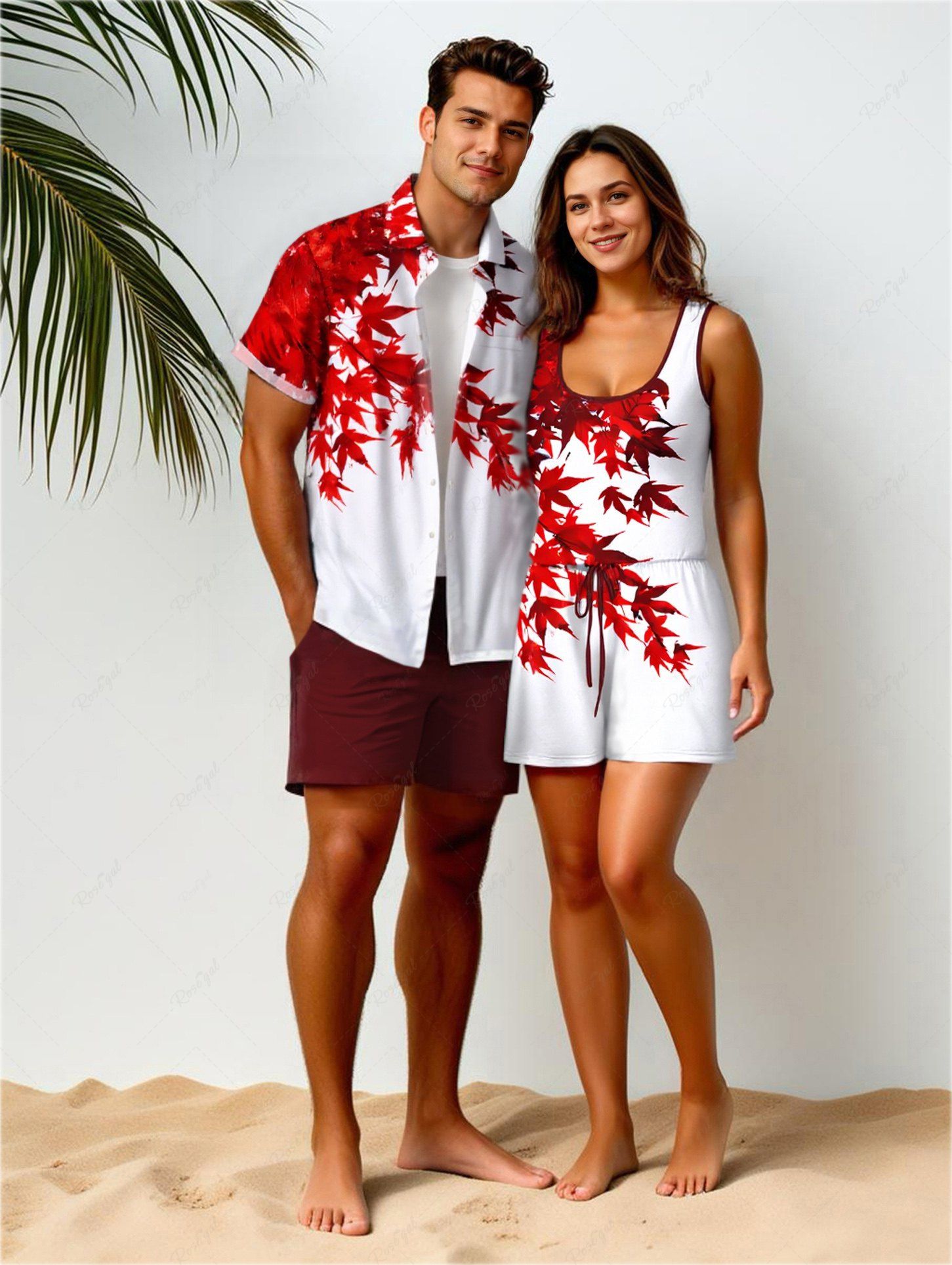 Ensemble chemise et barboteuse hawaïennes assorties, grande taille, tenue de plage imprimée feuilles d'érable pour couples Blanc de Crème  