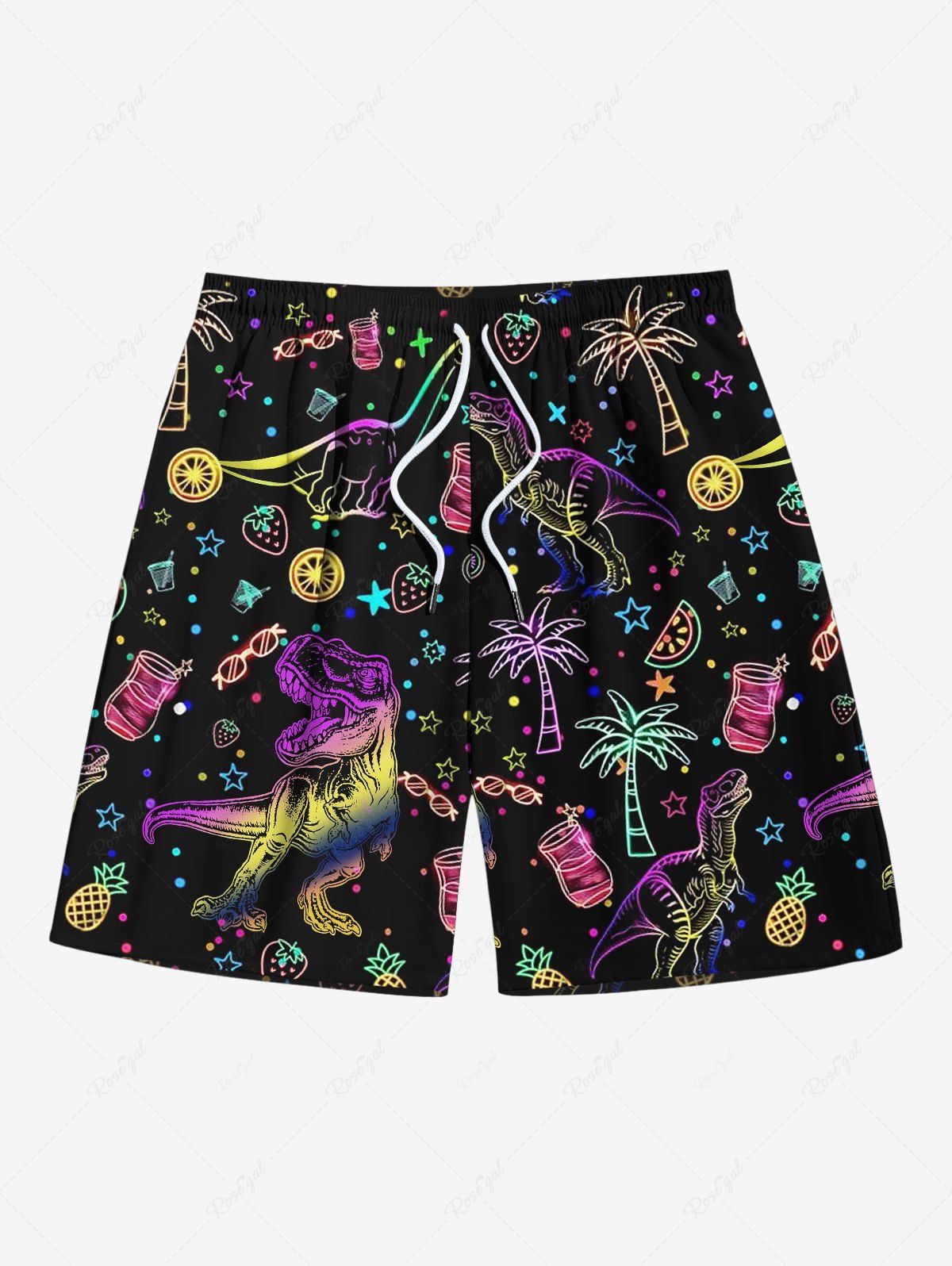 Fancy Plus Size Ombre Coconut Tree Dinosaur Watermelon Juice Print Hawaii Drawstring Beach Shorts For Men  