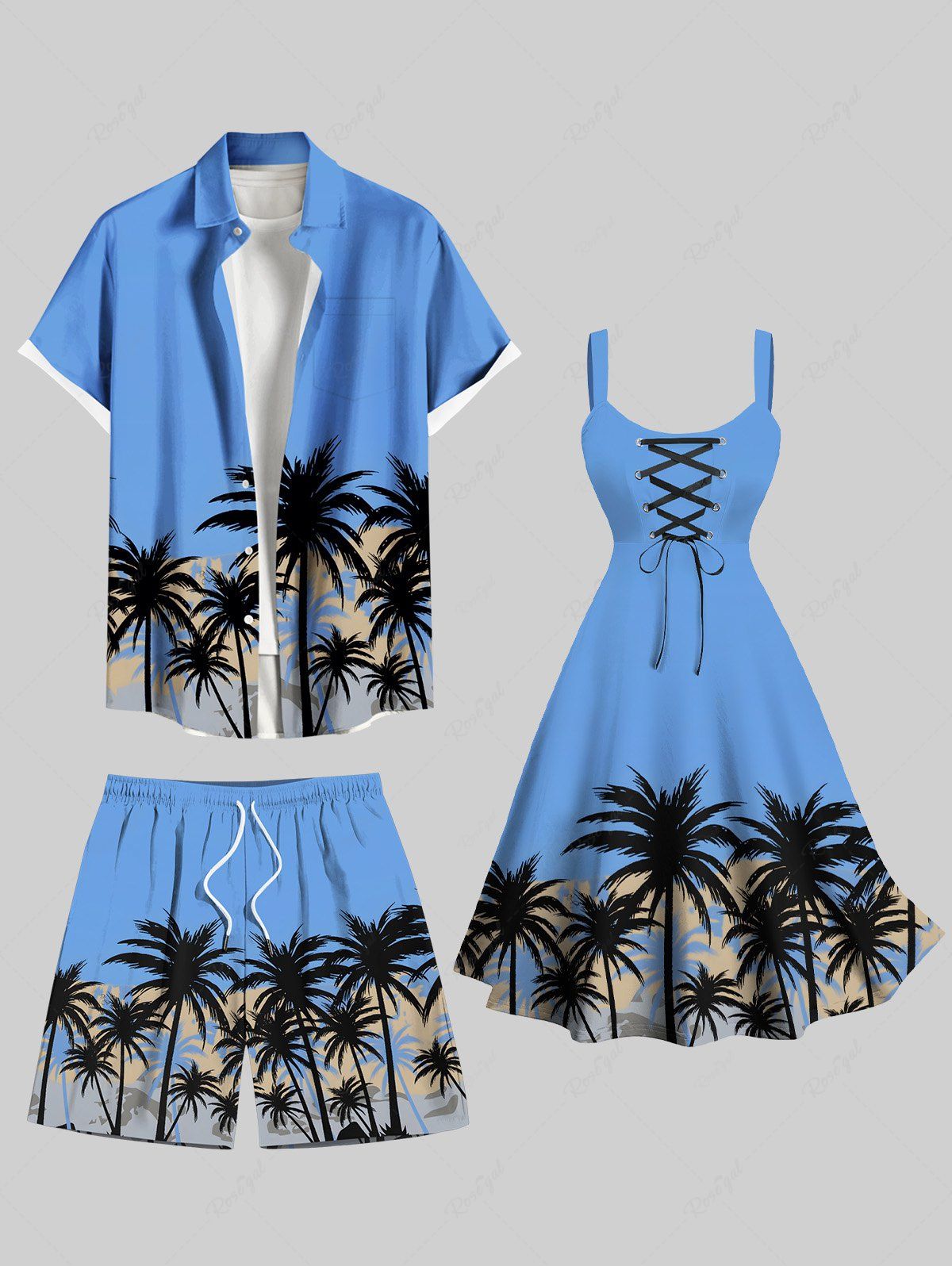 Tenue de plage hawaïenne assortie grande taille à imprimé cocotiers et ciel pour couples Bleu Ciel 