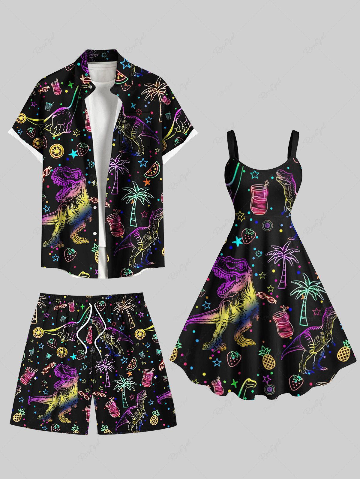 Discount Colorful Ombre Dinosaur Coconut Tree Pineapple Juice Strawberry Print Plus Size Matching Hawaii Beach Outfit For Couples  