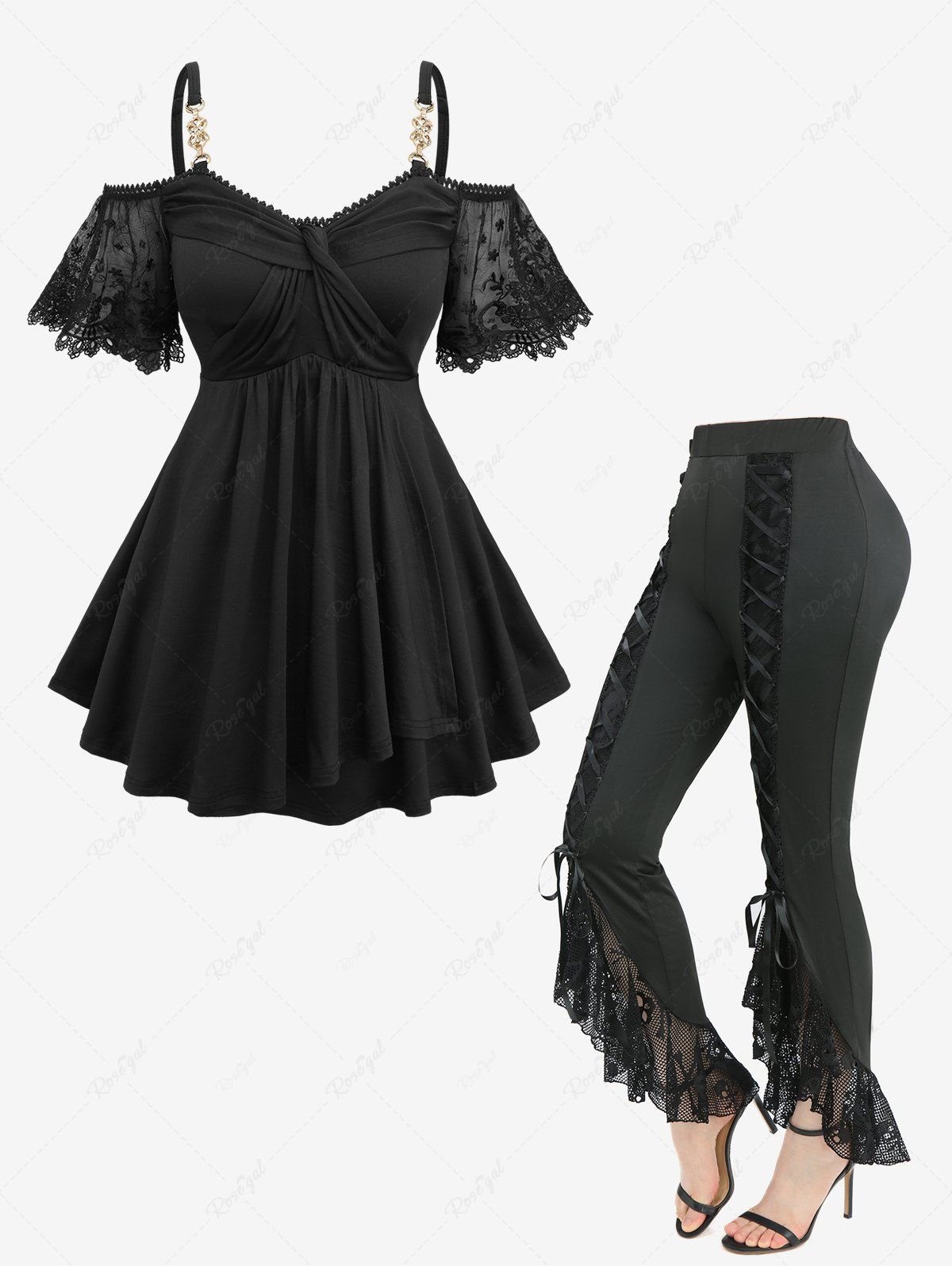 Discount Flower Lace Jacquard Embroidery Sleeve Crossover Top and Skull Fishnet Mesh Lace Up Flare Pants Plus Size Outfit  