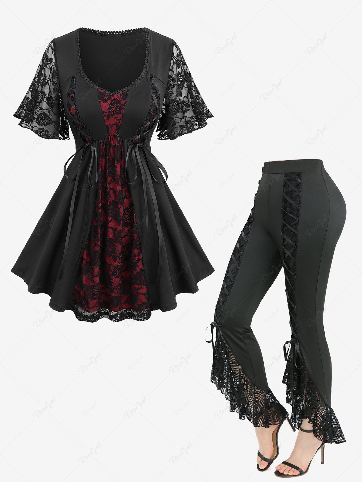 Haut à lacets en dentelle à fleurs roses et pantalon évasé à volants en résille à têtes de mort, tenue grande taille Noir 